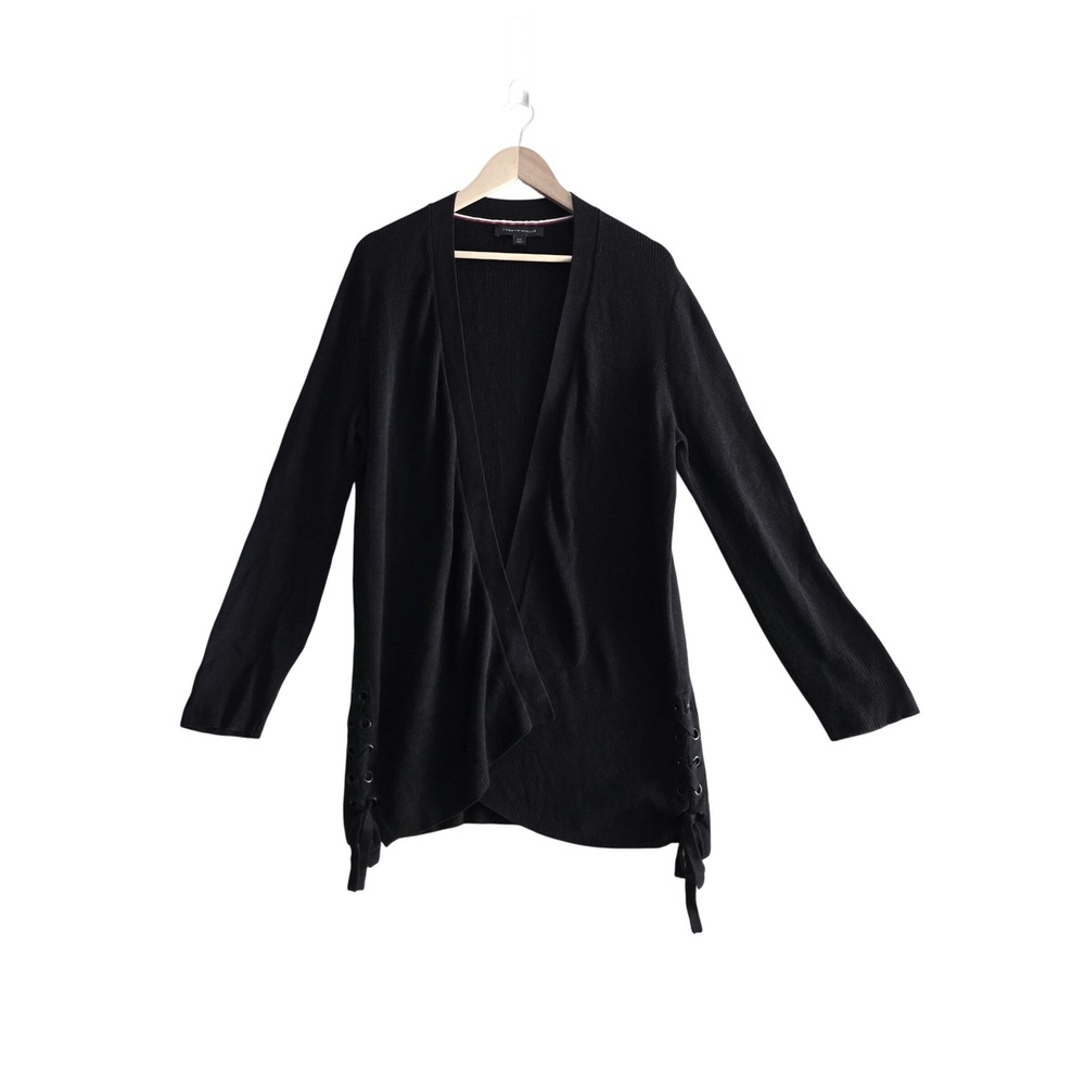 Tommy Hifiger Women's Classic Navy Open Cardigan Large LaceUp Preppy Fall Staple